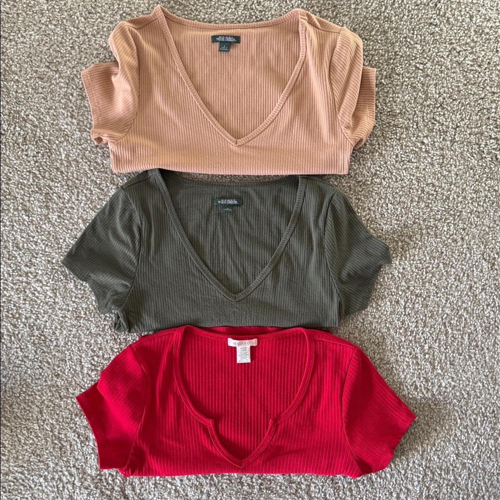 SET 3: Ribbed V-Neck Crop Tops in Dusty Rose Tan Pink, Army Green & Red